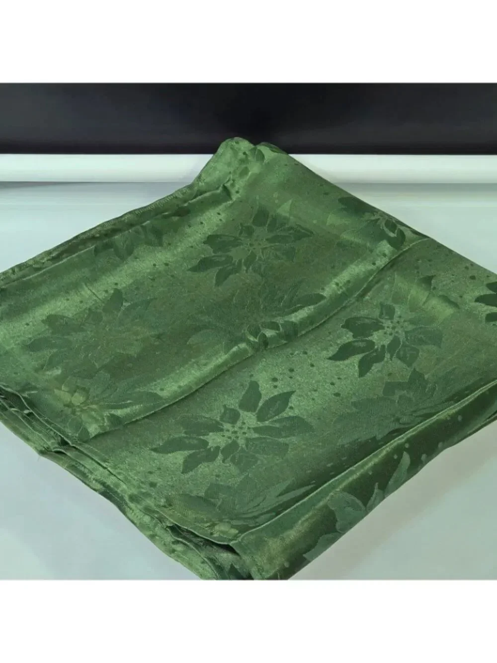 Vintage Holiday Damask Tablecloth Green Poinsettia 52” x 70” Polyester